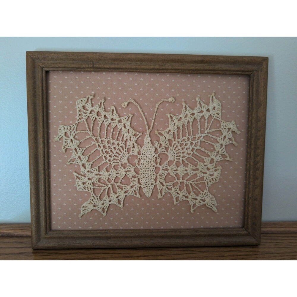 Vtg 80s Framed Crochet Butterfly On Pink Hearts Wall Art BOHO Cottage Core Retro